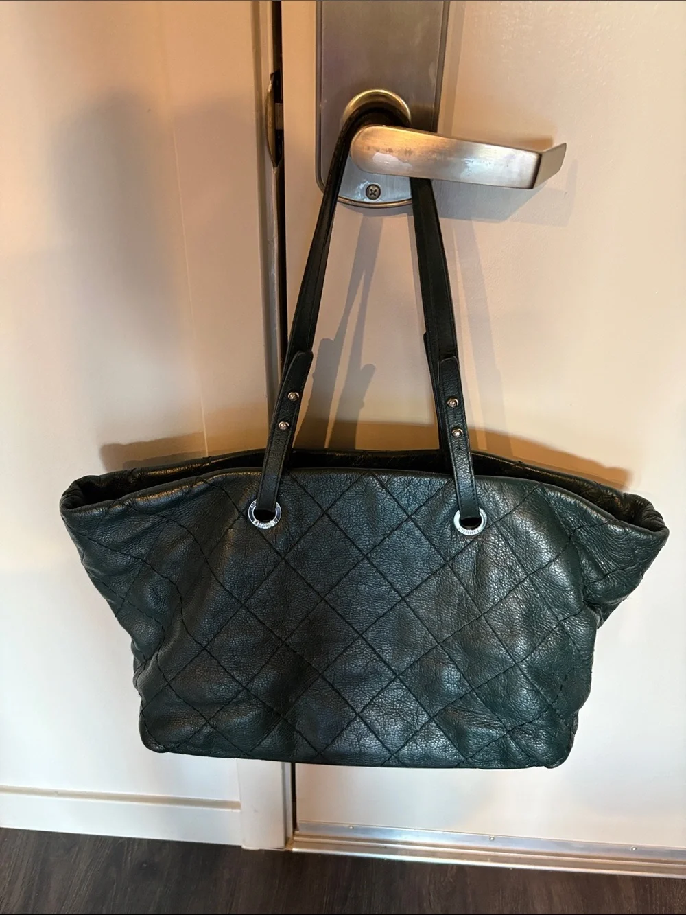 Authentic CHANEL Quilted Leather Tote in Deep Green with Silver Hardware